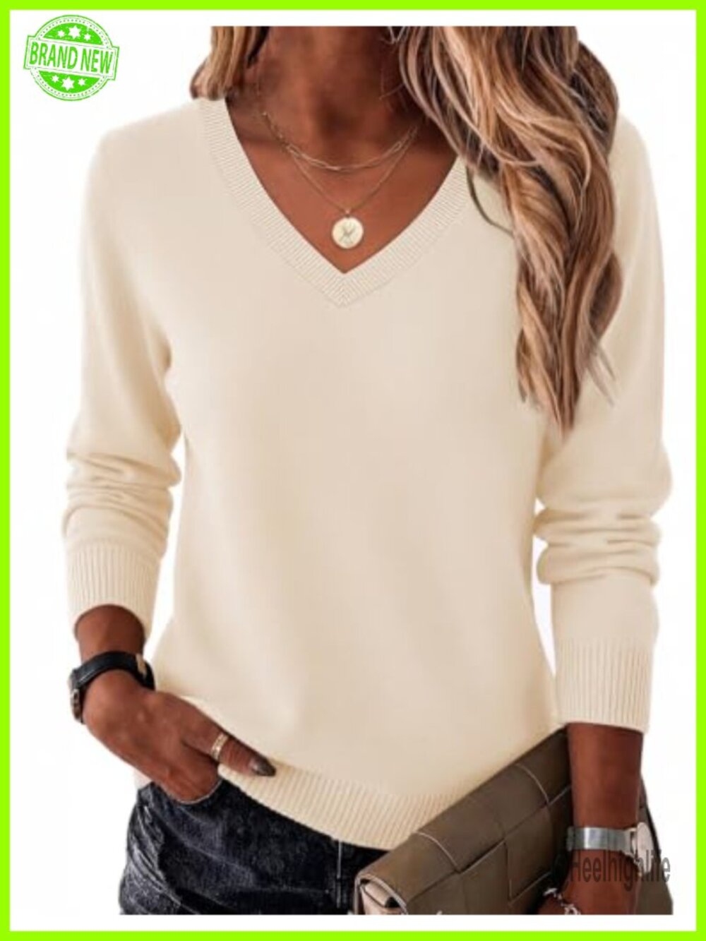 Women's Long Sleeve V Neck Ribbed Knit Pullover Sweater Casual Top